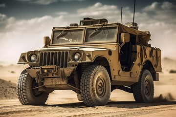 Military jeep close-up, military jeep in the desert, rush through the desert - created with Generative AI technology