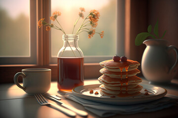 Homemade food. Morning still life. Generative AI. Rustic breakfast featuring fluffy pancakes topped with berries and syrup on blurred background from table with crockery and cutlery