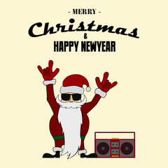 banner merry christmas and happy new year, illustration of santa claus raising hands and dancing with the speaker tape. can be used for background and design additions. vector