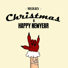 banner merry christmas and happy new year, illustration of a rock and roll hand with christmas gloves. can be used for background and design additions. vector