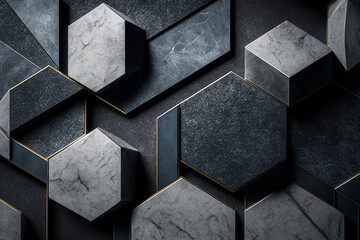 Stark blue and metallic tiled pattern of marble and raised sections, for backgrounds, patterns, generative AI