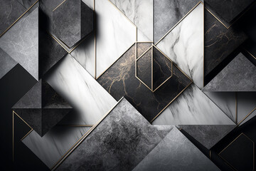 Luxury tiled pattern of marble and raised sections, in gold, black and white, generative AI