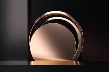 Pink chrome fallen or detached metal mirror on a black background with copyspace, generative AI