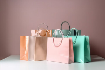 Pastel, delicate colorful shopping bags, luxurious, copy space, logo space, generative AI