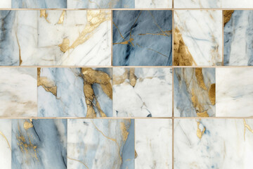Luxury tiles pattern with marble, blue, white and gold in delicate shades, background, generative AI