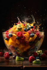 Fototapeta na wymiar splash of fruit salad on black background. generative AI.