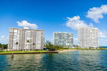 View of residential high-rise buildings with a gorgeous beach on the Atlantic Ocean in Fort Lauderdale.