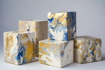 Blue, white and gold square marble blocks on a grey background, copy space, product placement, generative AI
