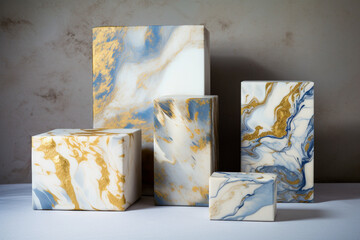 Blue, white and gold square marble blocks on a mottled background, copy space, product placement, generative AI