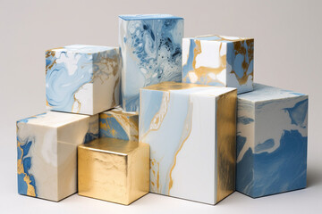 Blue, white and gold square marble blocks on a neutral background, copy space, product placement, generative AI