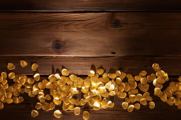 Gold nuggets on a deep color wooden surface table, tile ready image for patterns, backgrounds, generative AI