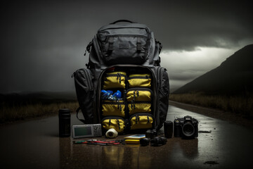 A backpack with supplies in different colors, bug out bag on mirror surface with ominous sky, generative AI
