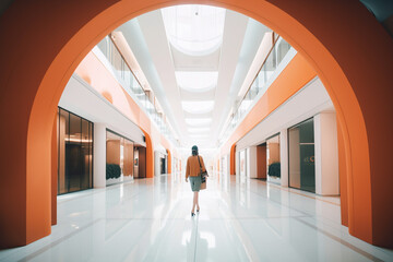 Modern european style shopping center with woman walking facing away, generative AI