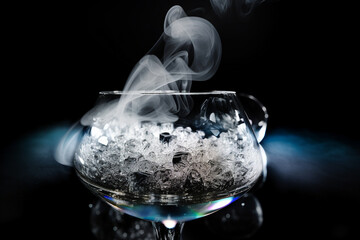 White and glittering stones or ice in a glass with smoke, generative AI