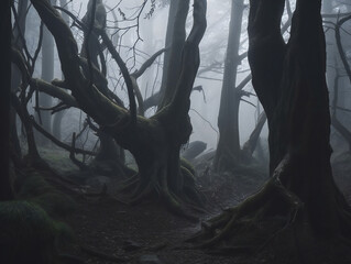 spooky forest landscape, gloomy fog, sinister woods, generative AI