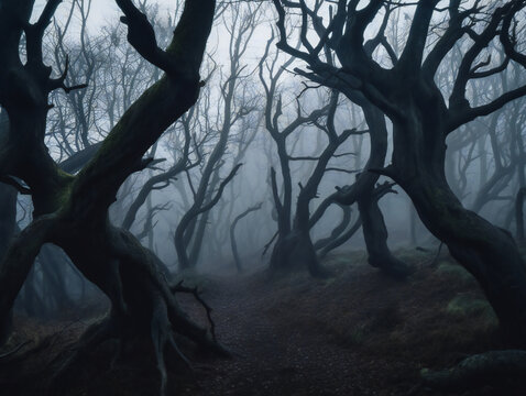 creepy foggy forest, mysterious shadows, scary tree silhouettes, generative AI