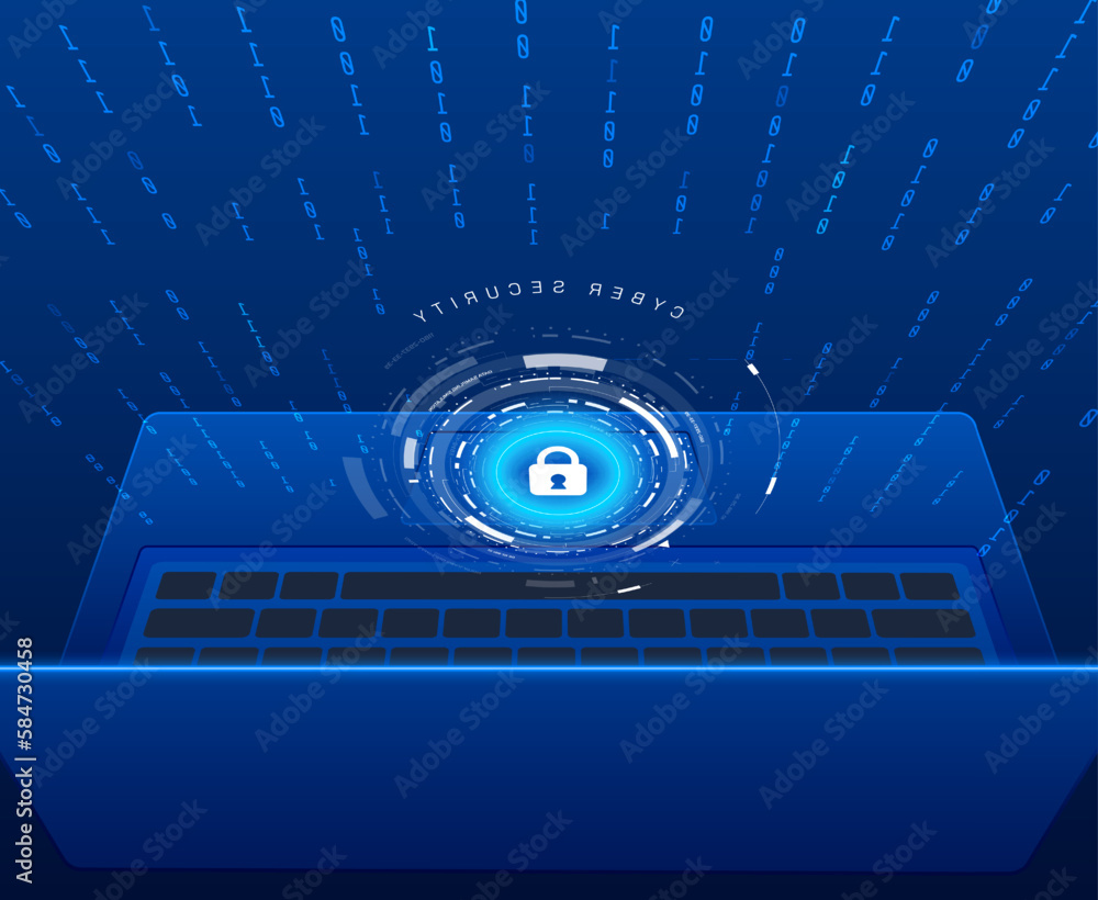 Fototapete technology cyber security data protection. blue 3d laptop with hud ui system encryption. binary numb
