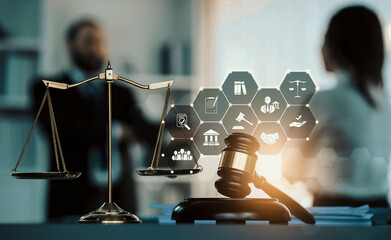 Smart law, legal advice icons and lawyer working tools in the lawyers office showing concept of...