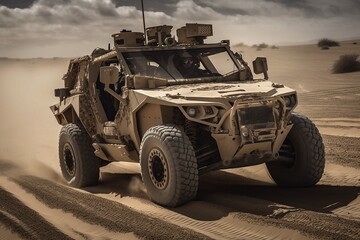 Military jeep in the desert, Rush through the desert - created with Generative AI technology
