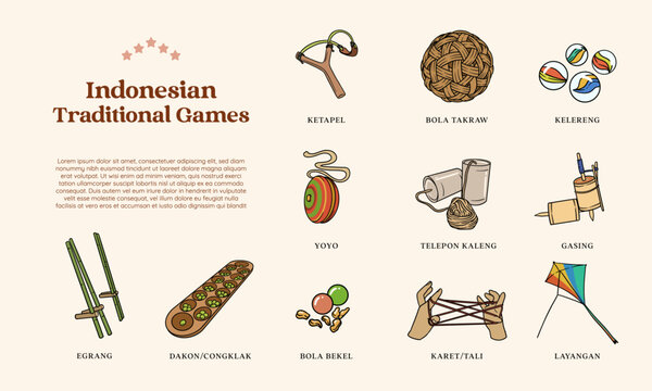 Isolated Hand drawn Indonesian Traditional Games. 90s childrens games illustration.