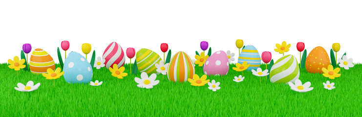 3D render Easter eggs in the spring meadow isolated on transparent background illustration. PNG file