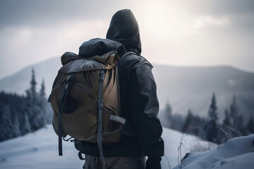 Fototapeta na wymiar Male traveler in hood and with hiking backpack standing in snowy mountains, rear view. Travel, winter hike, tourism, active lifestyle concept. Generative AI