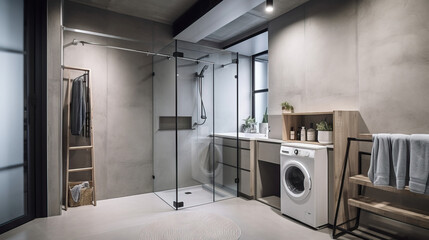 Bathroom interior with shower, washer and dryer. Generative AI