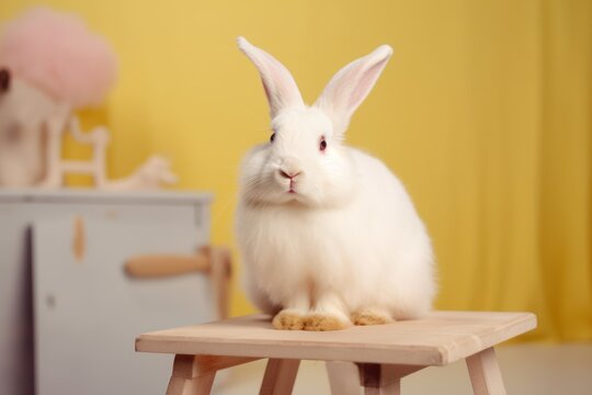 wei&szlig;es s&uuml;&szlig;es Kaninchen auf Hocker in einem Zimmer mit gelben Hintergrund, generative KI