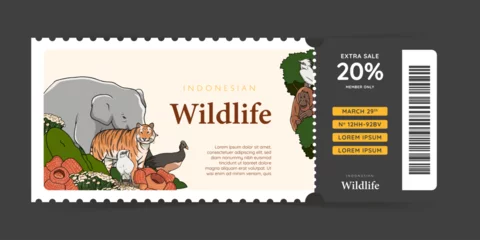 Tuinposter Zoo ticket design with indonesian fauna hand drawn illustration © edanpo