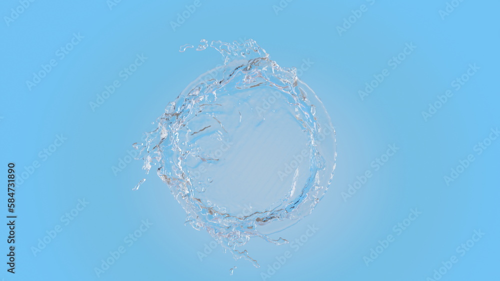 Poster 3d rendering realistic pure water swirl and splash around center frame on blue background with top v
