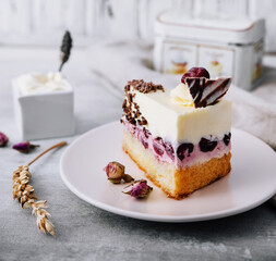 Slice of cherry cheesecake on plate