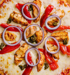 Fresh barbecue chicken pizza with vegetables