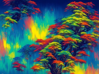 Fototapeta na wymiar Tropical Tree Colorful - Landscape With Trees - Stylized Tree Patterns with Vibrant Artistic Background Generative AI for Nature and Design