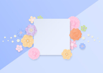 Colorful paper flowers and white banner