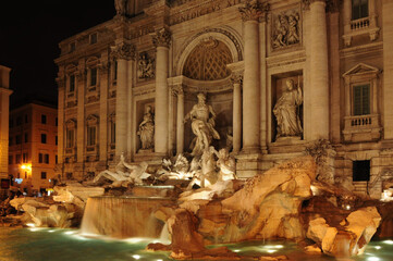Long exposure of the Trevi Fountain illuminated at night, Rome, Italy