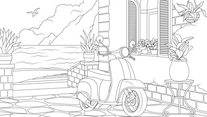 Vector illustration, sea embankment with a parked scooter near the house