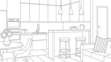Vector illustration, living room kitchen interior in a country house.