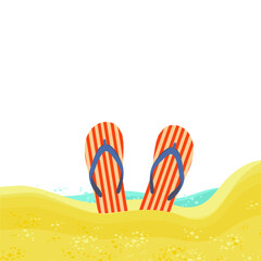 Fototapeta na wymiar The ocean shore. Beach, sea, striped flip-flops. Vector background, template.
