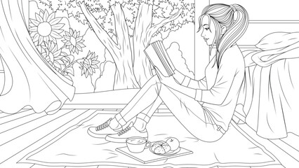 Vector illustration, a beautiful girl reads a book