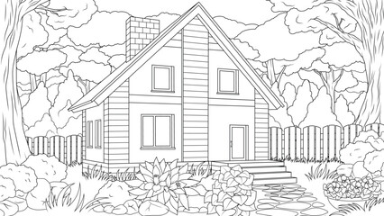 Vector illustration, wooden house stands in the forest