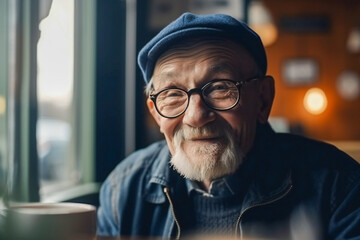 Obraz na płótnie Canvas Portrait of an old man in a restaurant. Created with Generative AI technology.