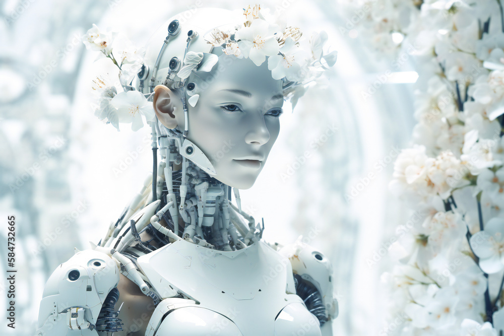 Poster illustration of a beautiful female white android head. robotic and artificial intelligence concept. 