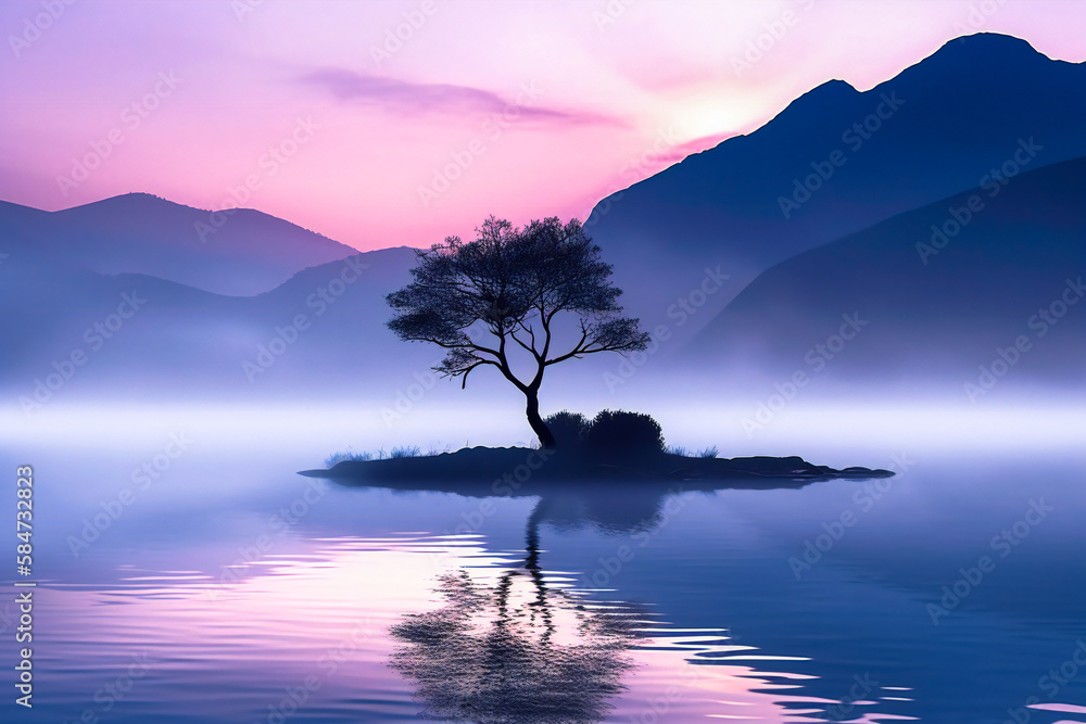Poster illustration of a lone tree on a lake. isolation and loneliness concept. created with generative ai 