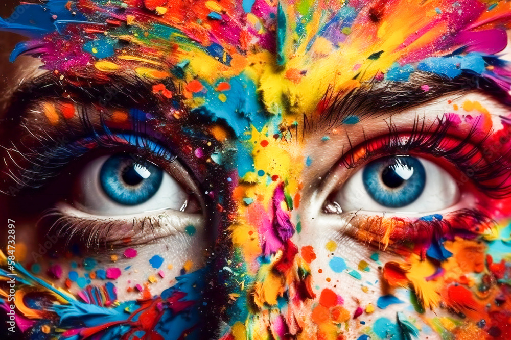 Poster creative fantasy colored face close up. created with generative ai technology.