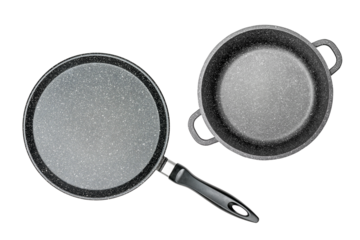 Set of kitchen cast aluminum pans isolated. Mockup, kitchen utensils. Top view object