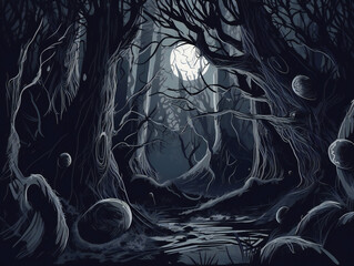 creepy forest digital illustration, haunted woods, dark and foggy, generative AI