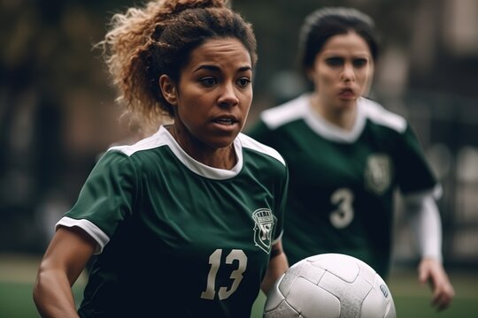 Latin Woman Playing Professional Football Tournament. Generative AI