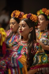 Obraz premium Mexican folkloric dancers group celebrating independence day. Generative AI vertical shot