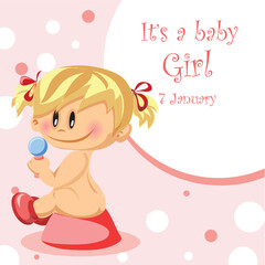 Vector set with a baby girl, baby care accessories, toys. Isolated vector illustration. Perfect for prints, calendar, sticker, invitation, baby shower, children clothes, poster.