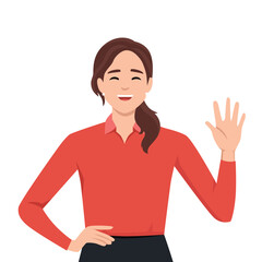 Young good looking woman doing greet pose and say hi and hello while smiling © lioputra